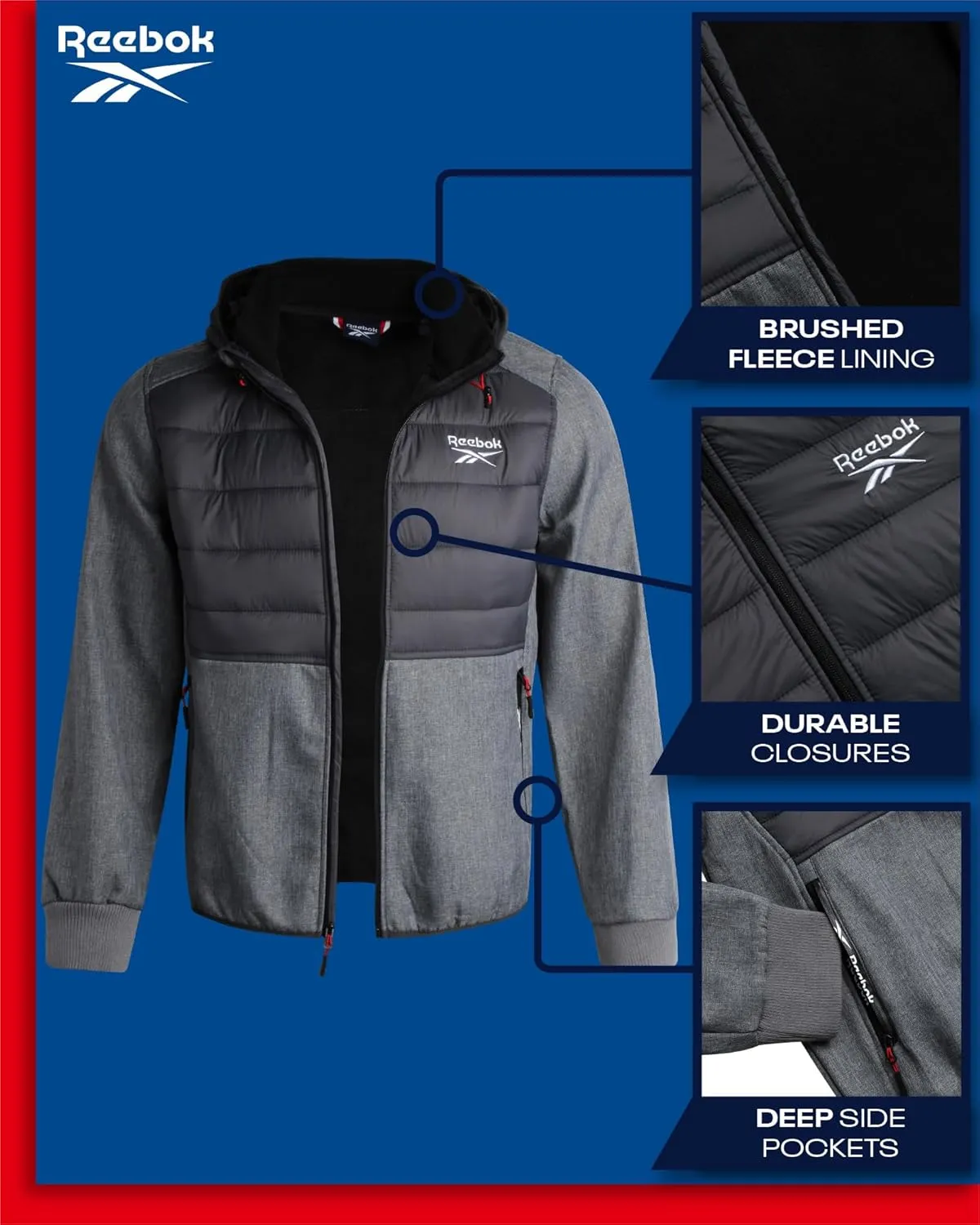 Reebok Men's Softshell Jacket - Lightweight Hooded Weather Resistant Jacket for Men with Nylon Quilted Chest (S-XXL)