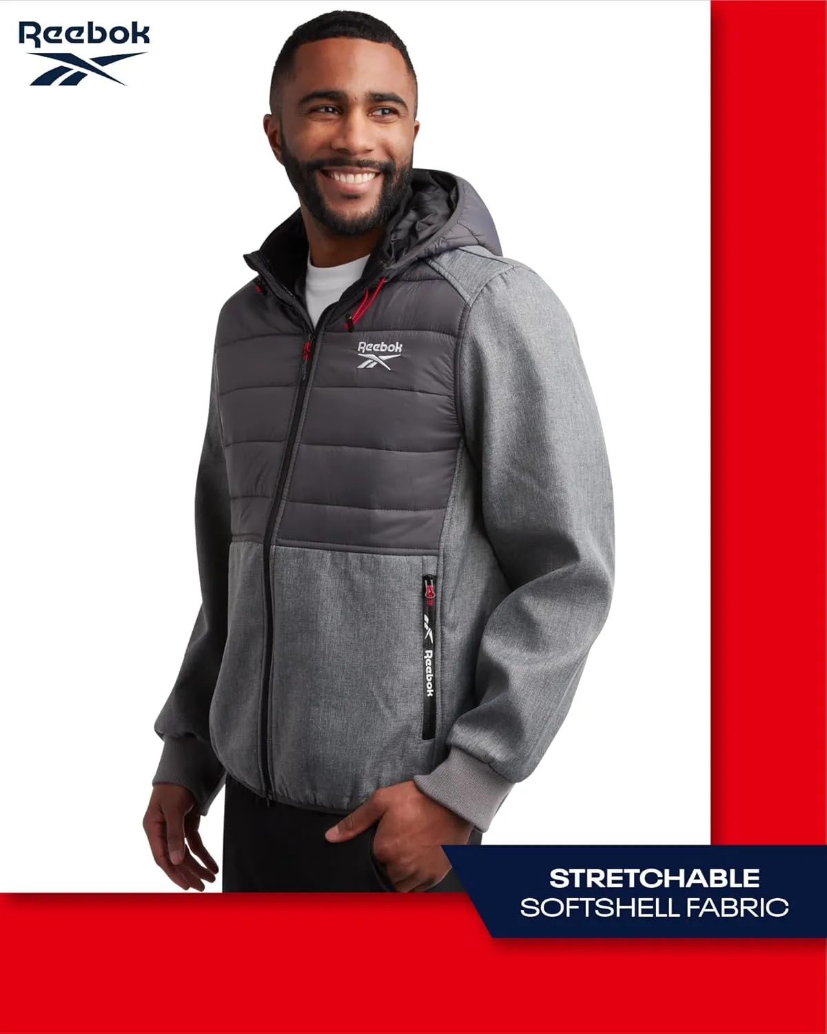 Reebok Men's Softshell Jacket - Lightweight Hooded Weather Resistant Jacket for Men with Nylon Quilted Chest (S-XXL)