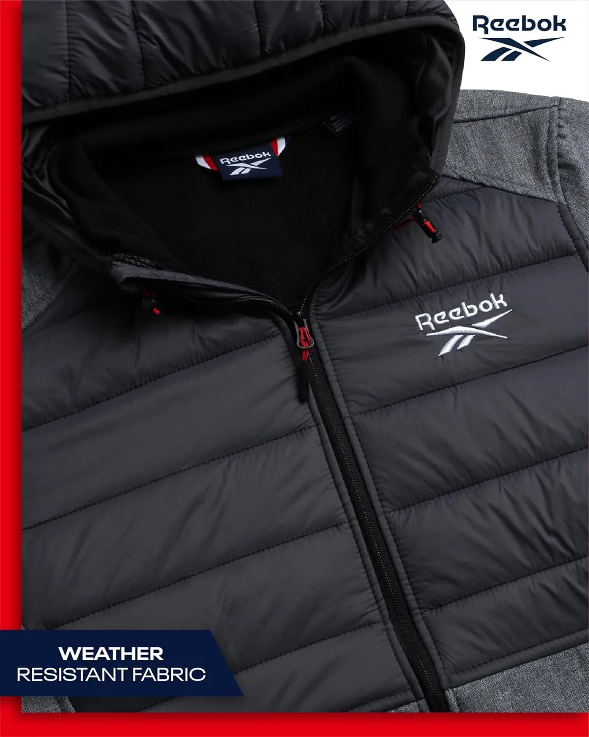 Reebok Men's Softshell Jacket - Lightweight Hooded Weather Resistant Jacket for Men with Nylon Quilted Chest (S-XXL)