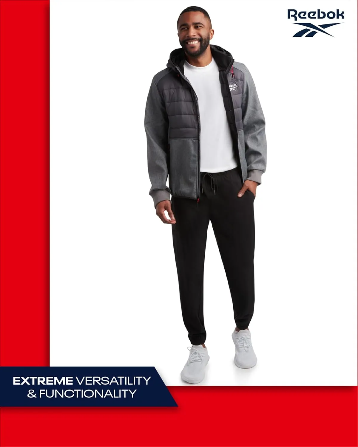 Reebok Men's Softshell Jacket - Lightweight Hooded Weather Resistant Jacket for Men with Nylon Quilted Chest (S-XXL)