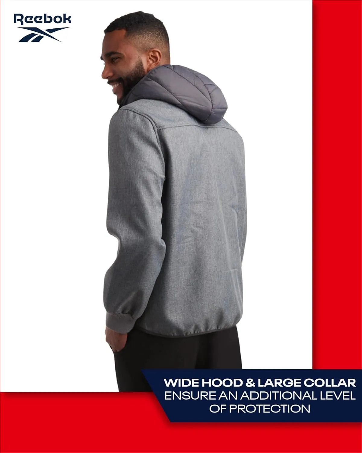 Reebok Men's Softshell Jacket - Lightweight Hooded Weather Resistant Jacket for Men with Nylon Quilted Chest (S-XXL)