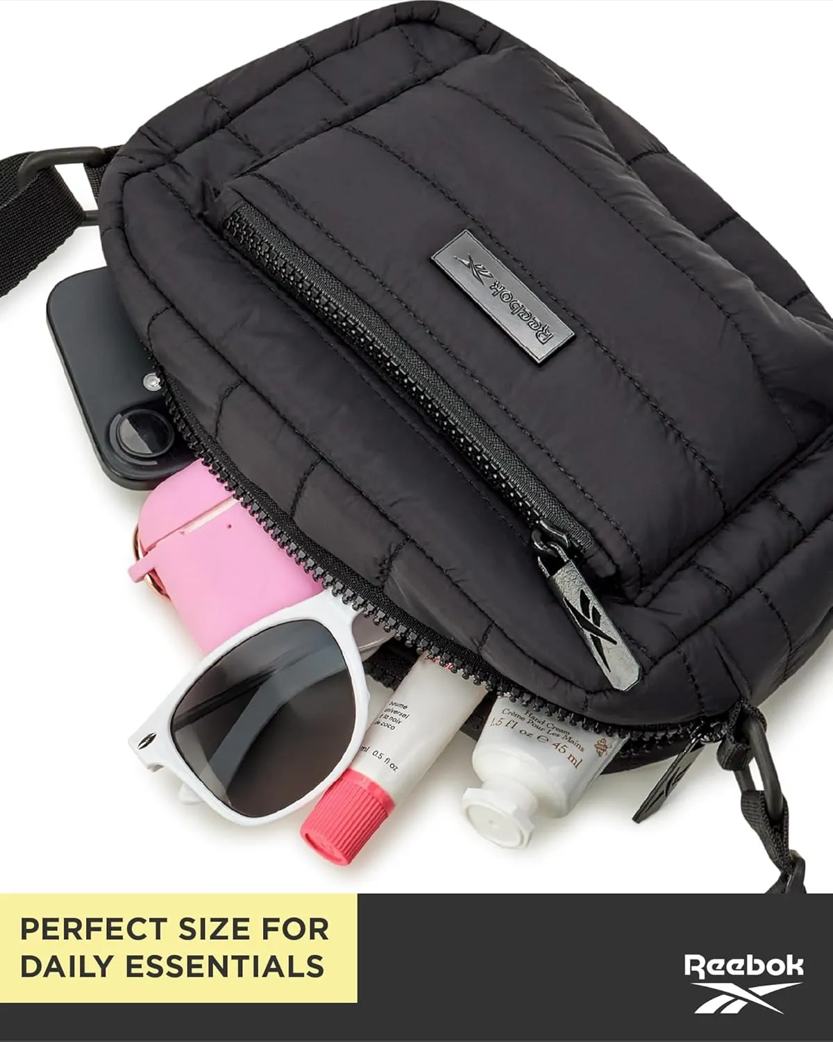 Reebok Women's Crossbody Bag - Quilted Nylon Sling Bag Travel Purse with Adjustable Strap and Secure Zipper Closures