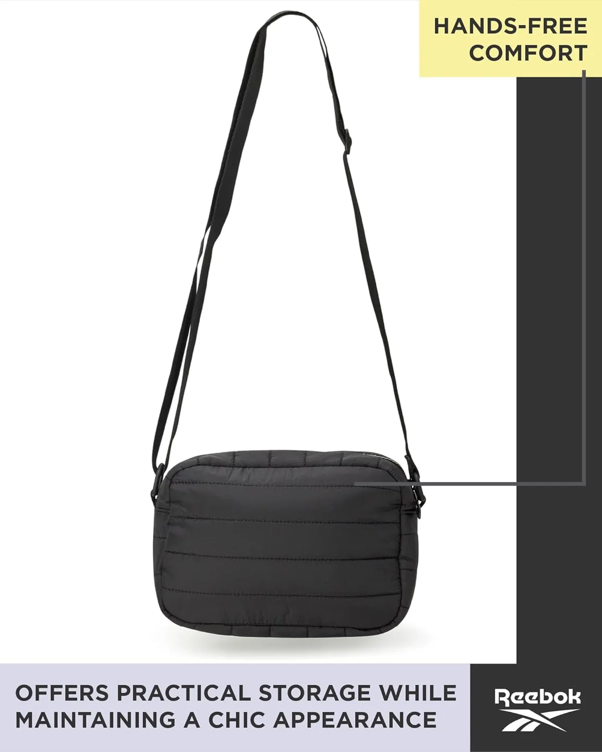 Reebok Women's Crossbody Bag - Quilted Nylon Sling Bag Travel Purse with Adjustable Strap and Secure Zipper Closures