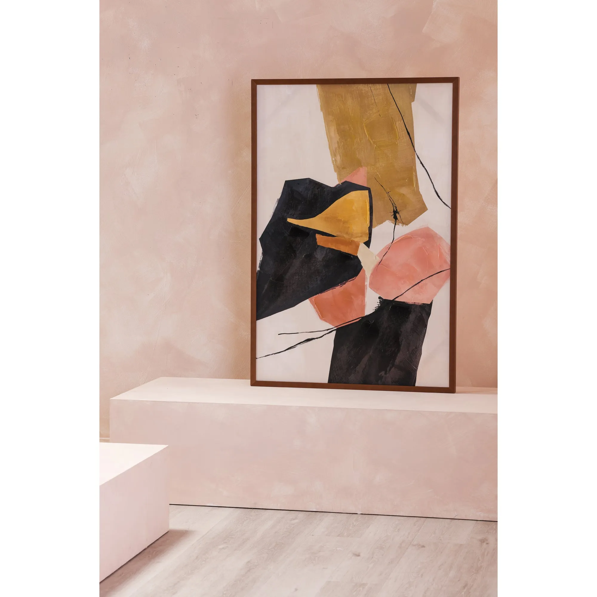 Retro-Chic Abstract Canvas Artwork in Vintage Pine Frame