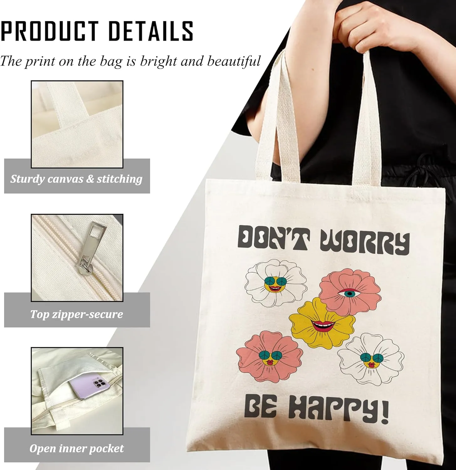 Retro Flower Groovy Canvas Tote Bag Shoulder Zipper Pocket Funny Hippie Floral Aesthetic Cute Women Teacher Lady Shopping Handbag Preppy College Book Reusable Grocery Work Storage Cloth