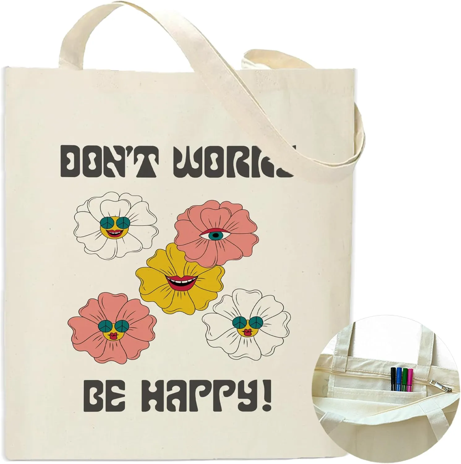 Retro Flower Groovy Canvas Tote Bag Shoulder Zipper Pocket Funny Hippie Floral Aesthetic Cute Women Teacher Lady Shopping Handbag Preppy College Book Reusable Grocery Work Storage Cloth
