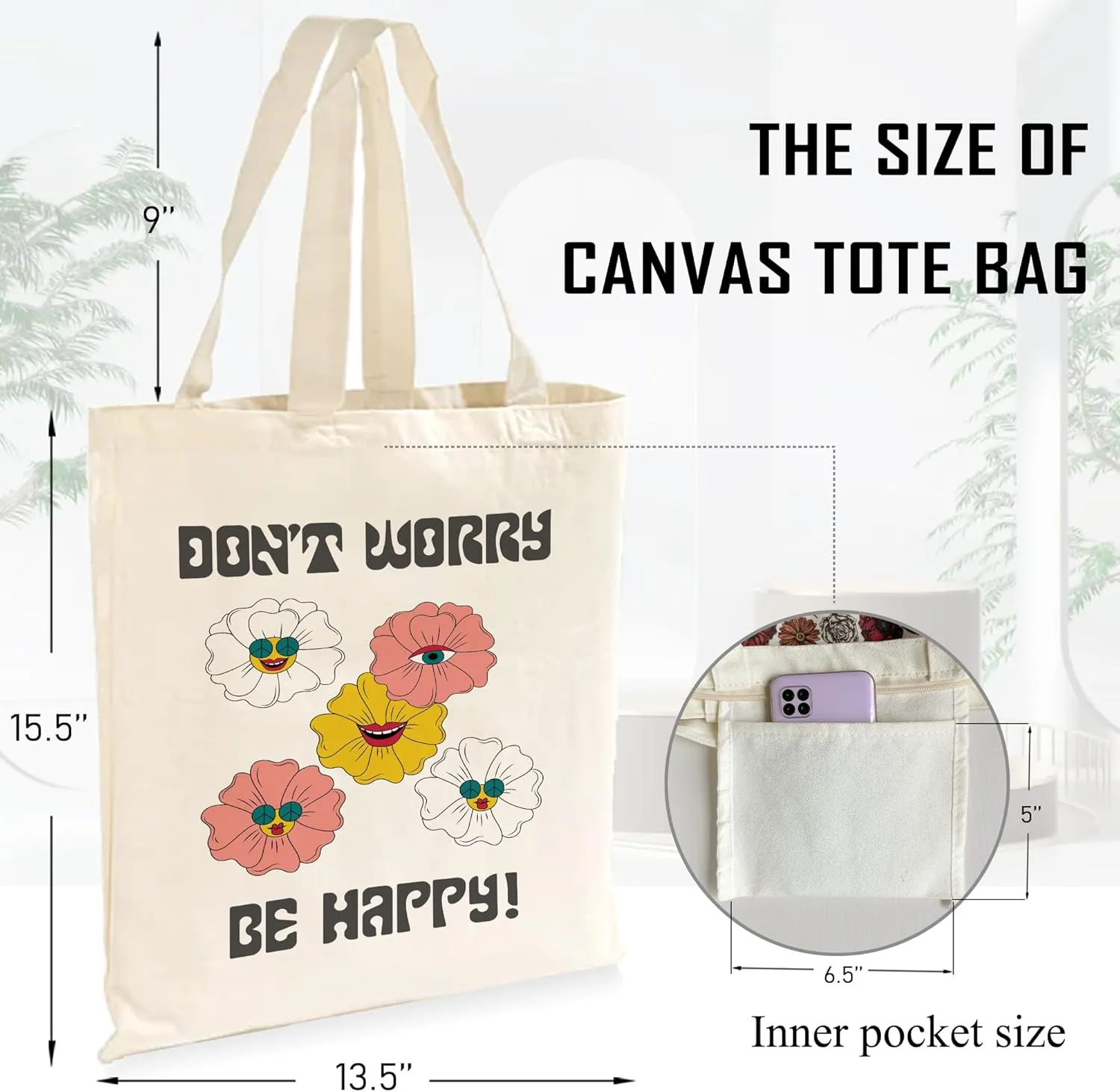 Retro Flower Groovy Canvas Tote Bag Shoulder Zipper Pocket Funny Hippie Floral Aesthetic Cute Women Teacher Lady Shopping Handbag Preppy College Book Reusable Grocery Work Storage Cloth