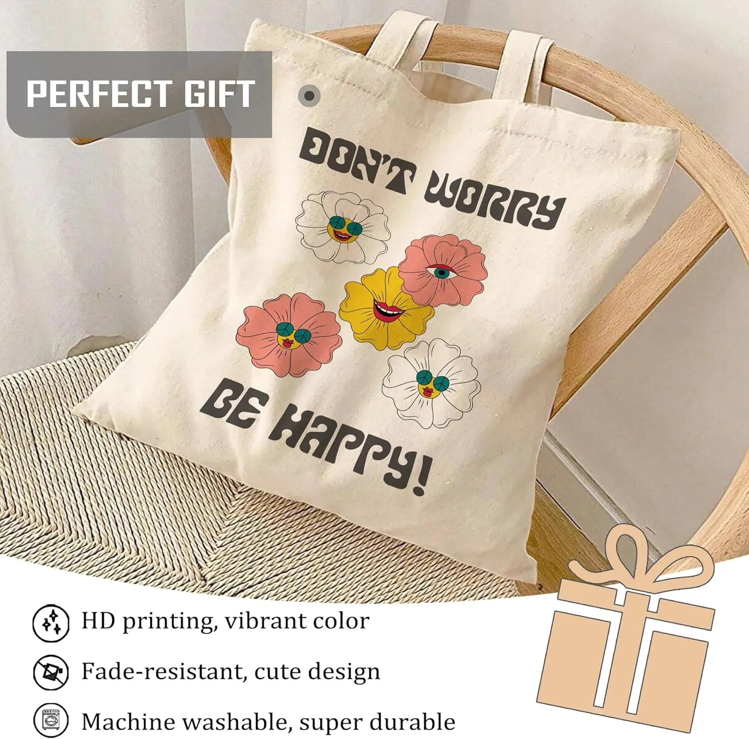 Retro Flower Groovy Canvas Tote Bag Shoulder Zipper Pocket Funny Hippie Floral Aesthetic Cute Women Teacher Lady Shopping Handbag Preppy College Book Reusable Grocery Work Storage Cloth