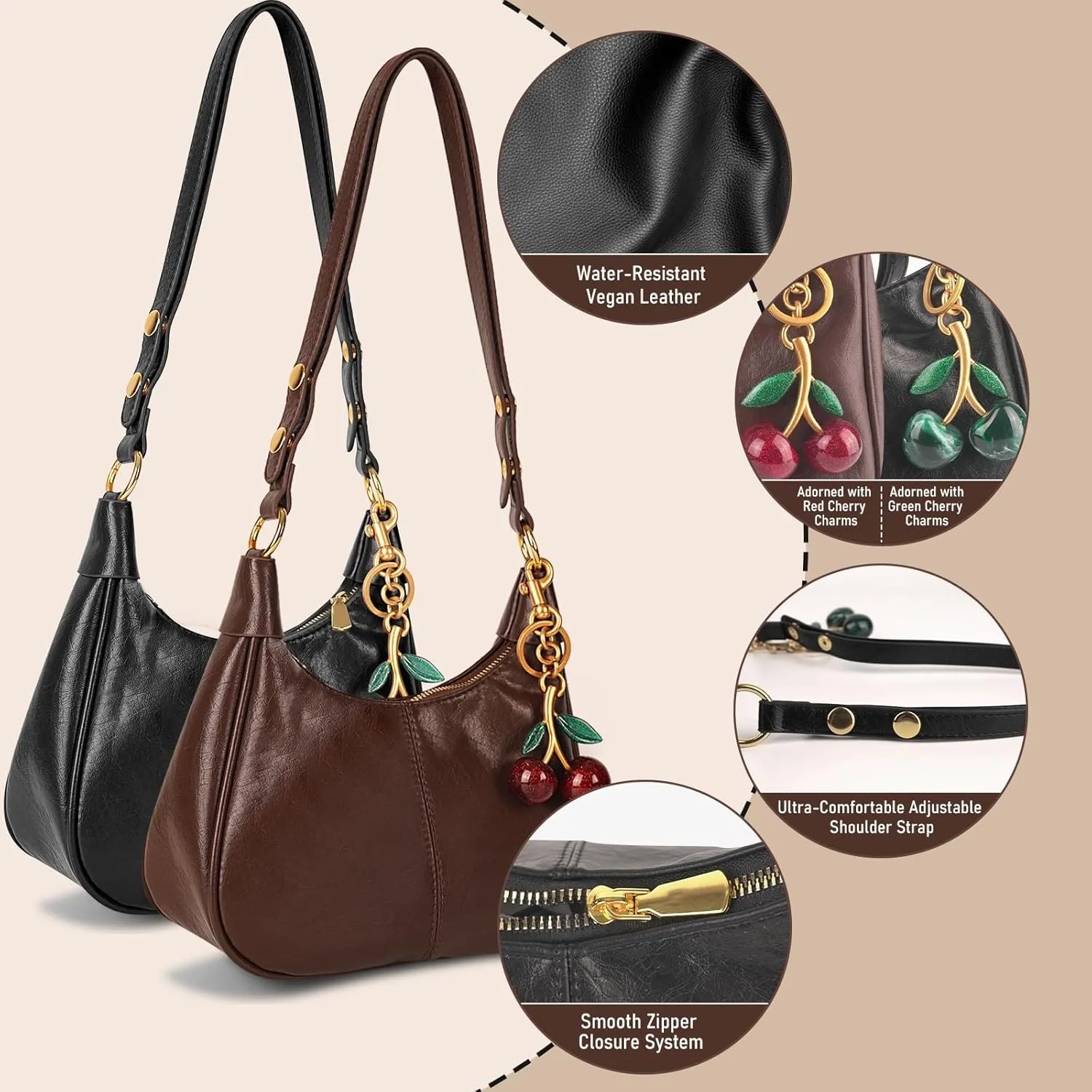 Retro Hobo Bag with Cherry Charm Vegan Leather Shoulder Crossbody Handheld Stylish Purse for Women