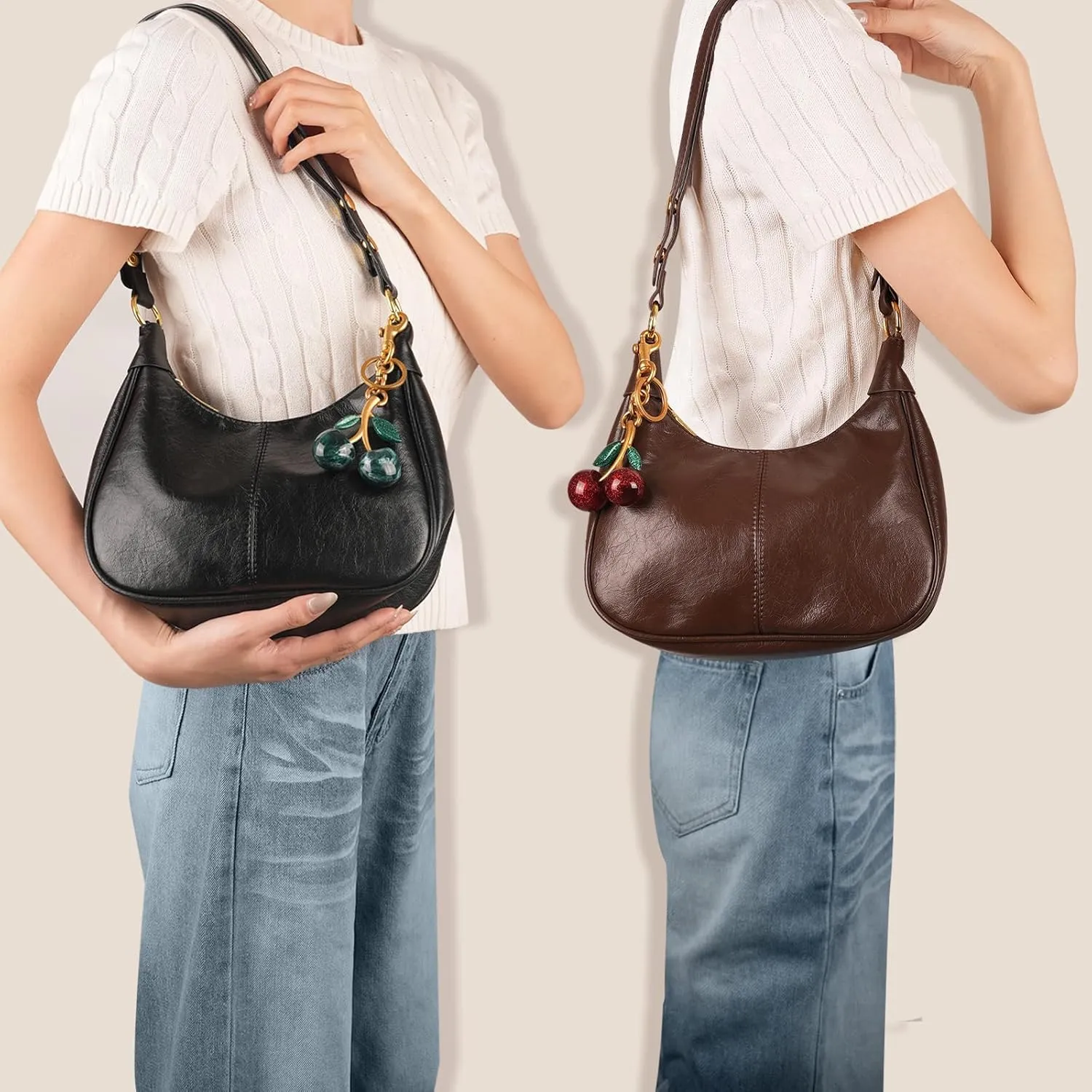 Retro Hobo Bag with Cherry Charm Vegan Leather Shoulder Crossbody Handheld Stylish Purse for Women