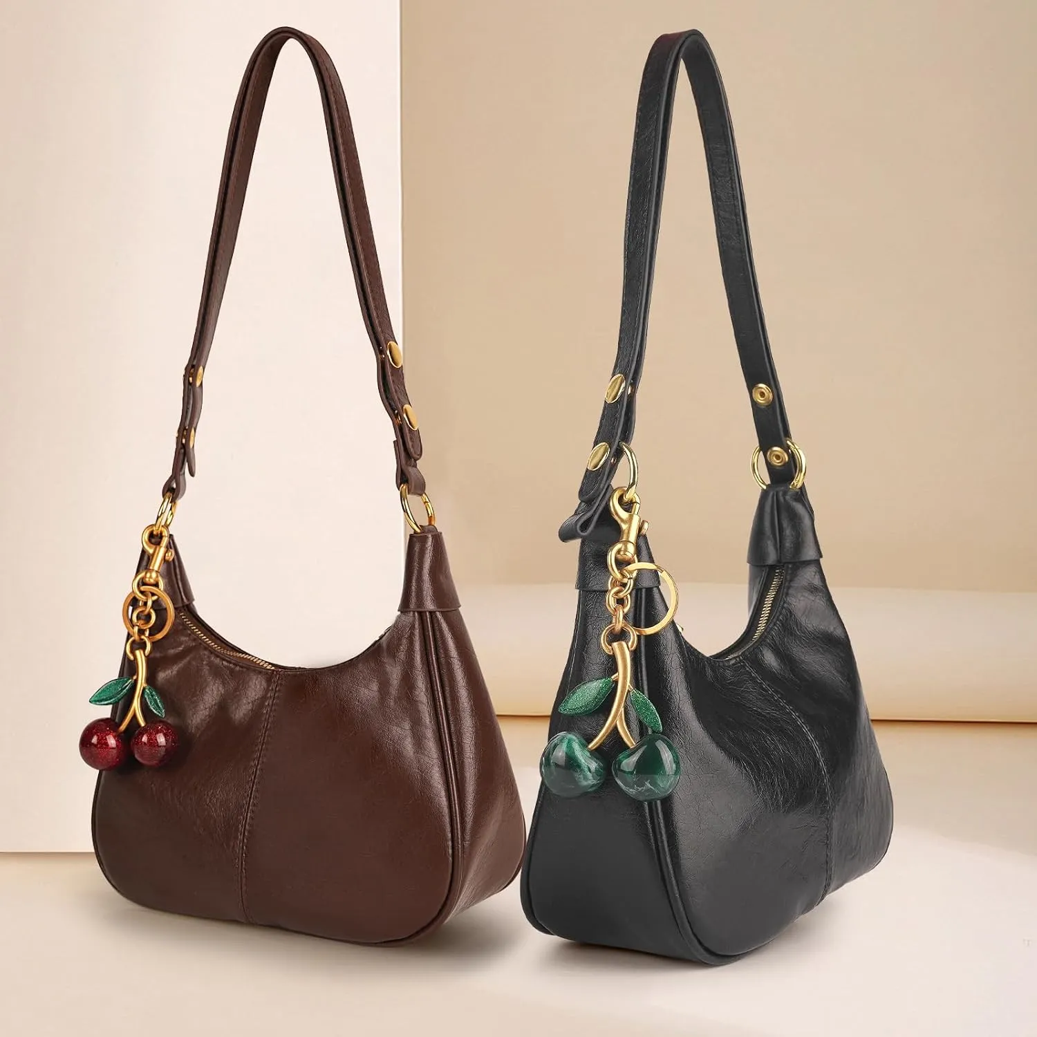 Retro Hobo Bag with Cherry Charm Vegan Leather Shoulder Crossbody Handheld Stylish Purse for Women