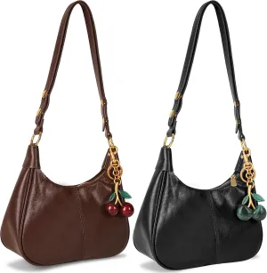 Retro Hobo Bag with Cherry Charm Vegan Leather Shoulder Crossbody Handheld Stylish Purse for Women