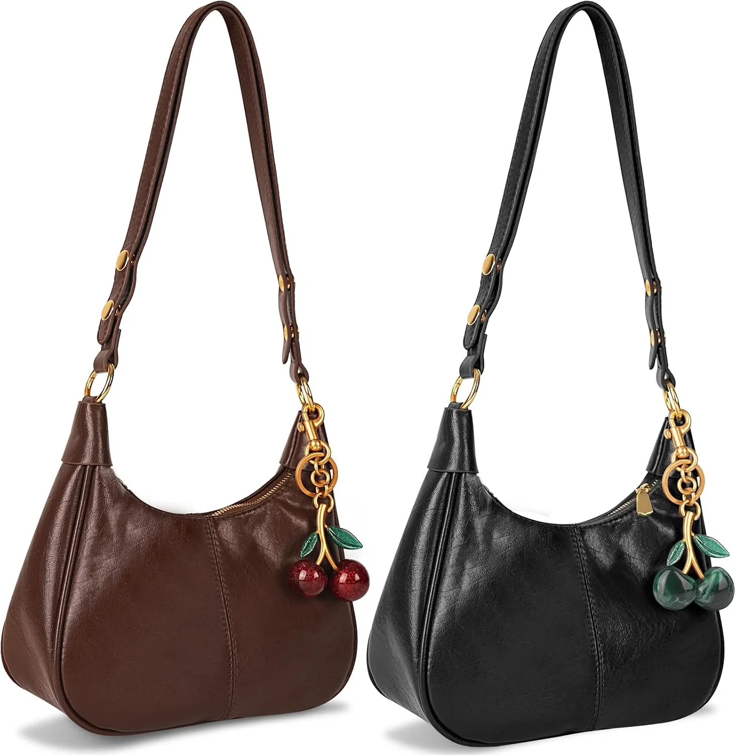Retro Hobo Bag with Cherry Charm Vegan Leather Shoulder Crossbody Handheld Stylish Purse for Women