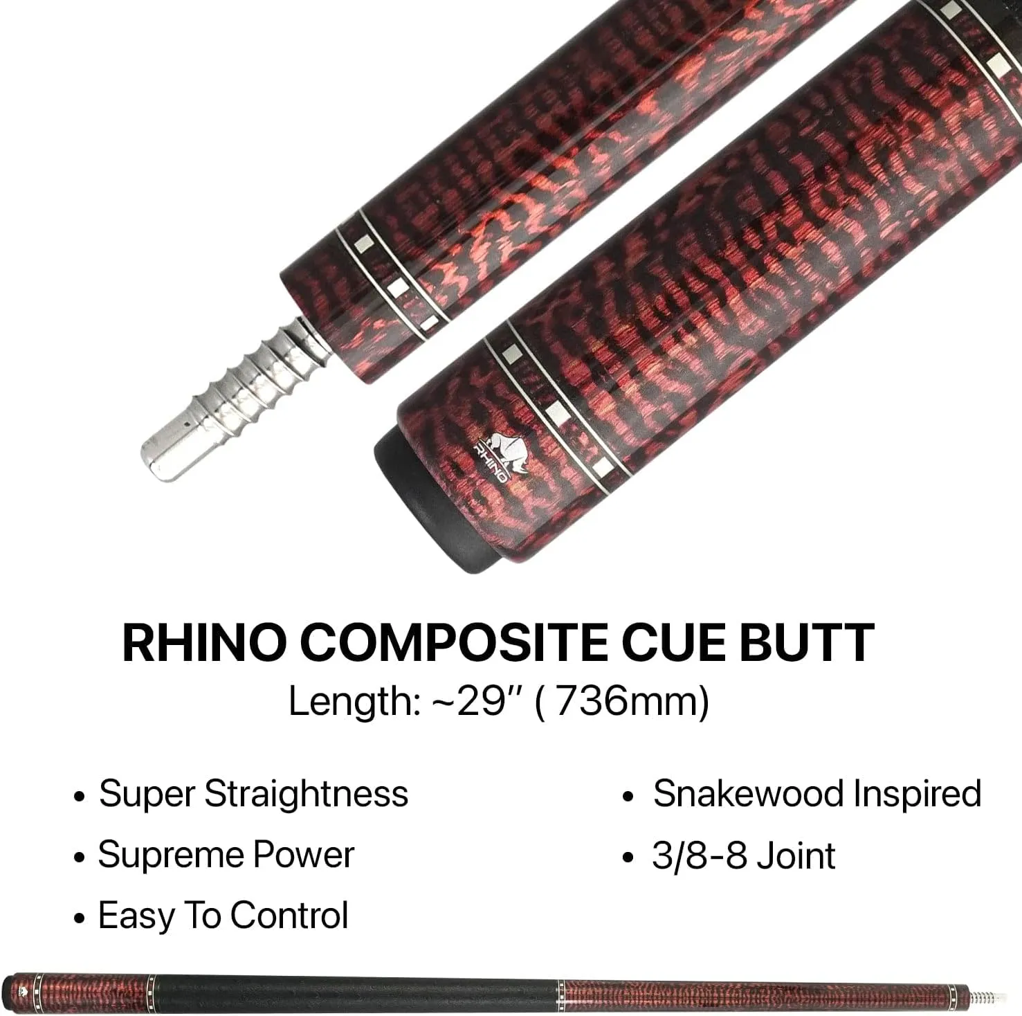 RHINO G-w Series Pool Cue - Amboyna, Bocote, Ebony, Snakewood, Thuya - 3/8-8 Joint - 12.5 mm Tip Diameter