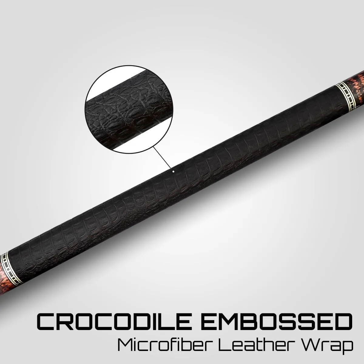 RHINO Retro Pool Cue - Cocobolo, Bocote, Ebony, Snakewood, Thuya - Crocodile Embossed Microfiber Leather Wrap - 3/8-8 Joint - 12.5 mm Tip Diameter