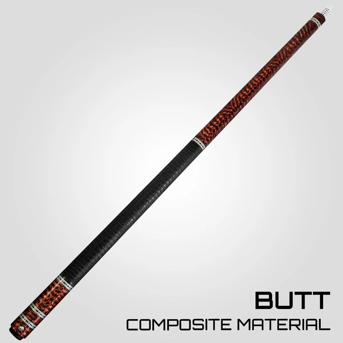 RHINO Retro Pool Cue - Cocobolo, Bocote, Ebony, Snakewood, Thuya - Crocodile Embossed Microfiber Leather Wrap - 3/8-8 Joint - 12.5 mm Tip Diameter