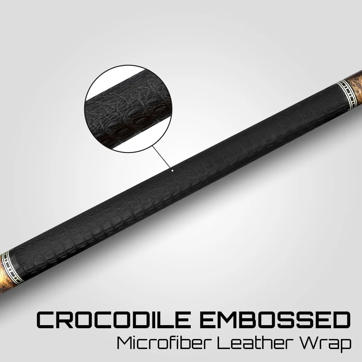 RHINO Retro Pool Cue - Cocobolo, Bocote, Ebony, Snakewood, Thuya - Crocodile Embossed Microfiber Leather Wrap - 3/8-8 Joint - 12.5 mm Tip Diameter