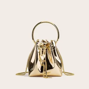Ring Handle Drawstring Crossbody Bucket Bag - Gold