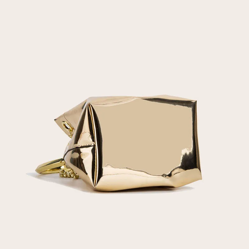 Ring Handle Drawstring Crossbody Bucket Bag - Gold