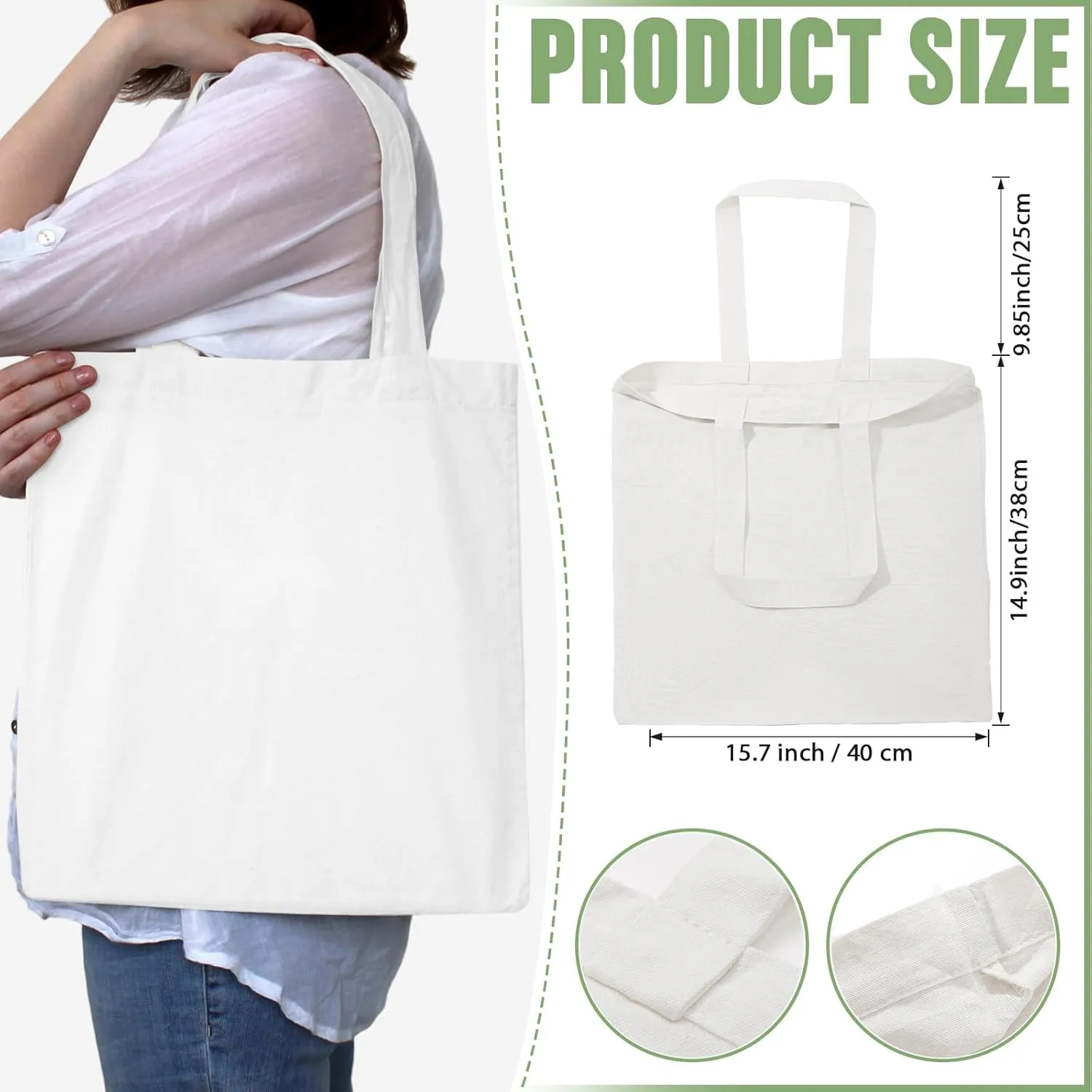Roowest 120 Pieces Cotton Tote Bag Bulk 15 x 16 Inch Blank Shopping Cloth Bags Reusable with Long Handle for Women Men DIY(White)