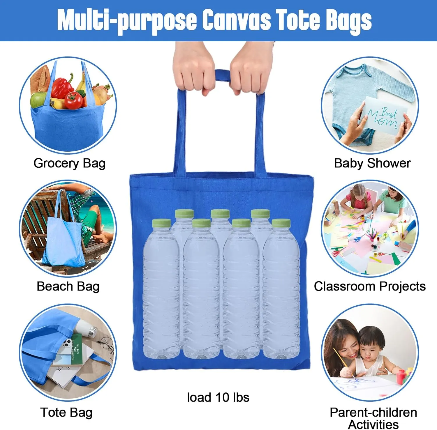 Roowest 60 Pcs Employee Appreciation Gifts Cotton Canvas Tote Bags Bulk Reusable Grocery Shopping Cloth Bags for Womens DIY(Blue)