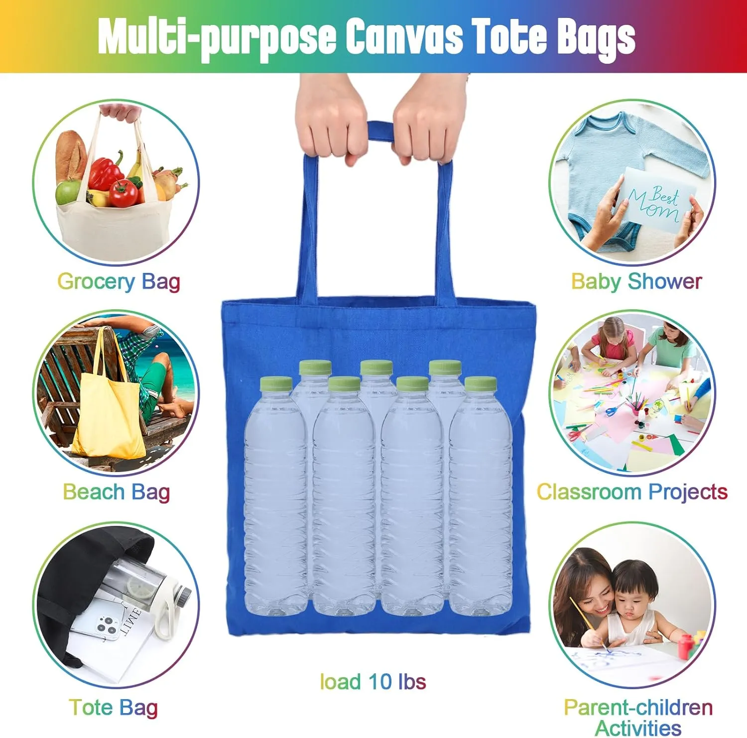 Roowest 60 Pcs Employee Appreciation Gifts Cotton Canvas Tote Bags Bulk Reusable Grocery Shopping Cloth Bags for Womens DIY(Multicolor)