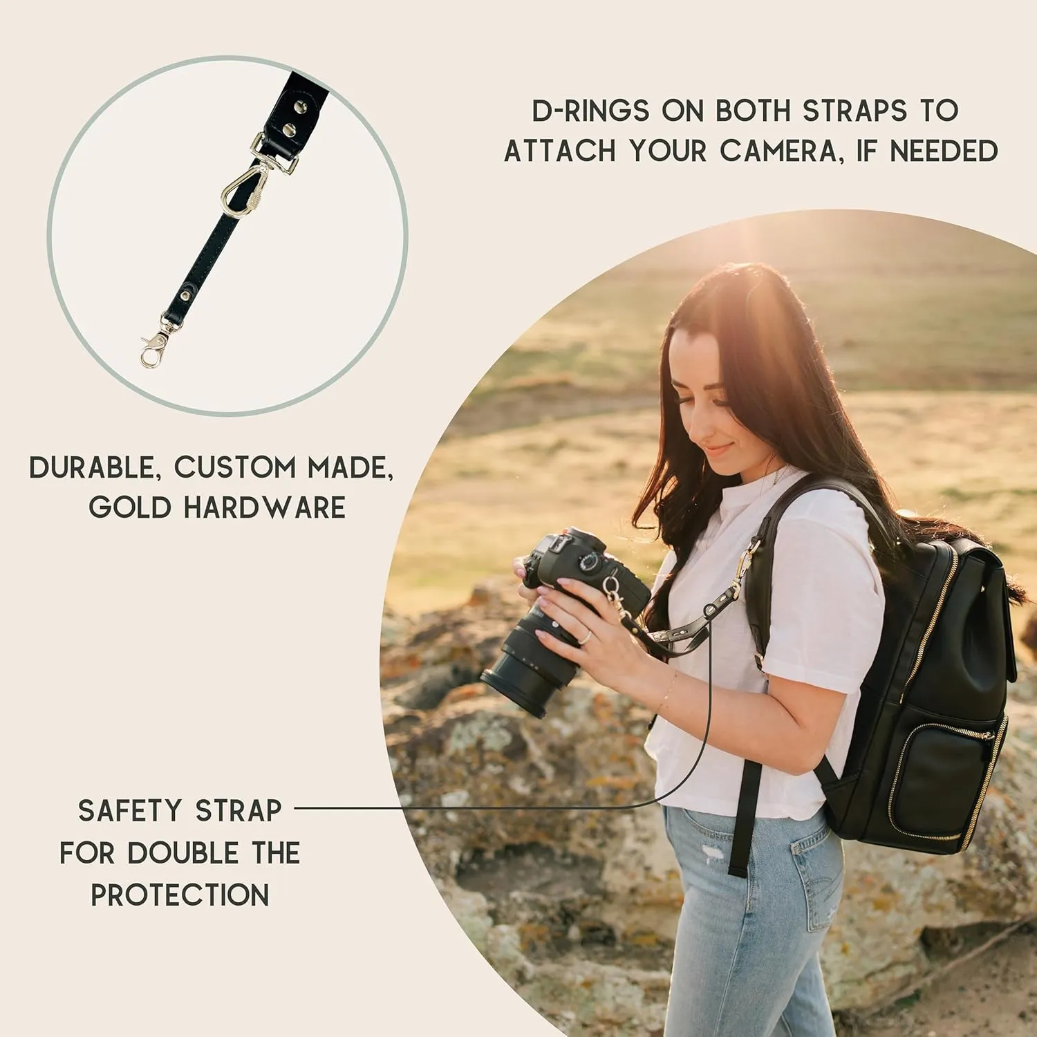 Ruby Camera Backpack – Sleek, Durable Vegan Leather Bag with Gear Dividers, Laptop Compartment, and Side Access for Cameras & Gear, Black