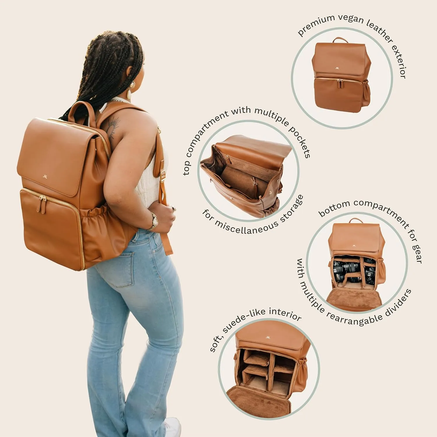 Ruby Camera Backpack – Sleek, Durable Vegan Leather Bag with Gear Dividers, Laptop Compartment, and Side Access for Cameras & Gear, Black