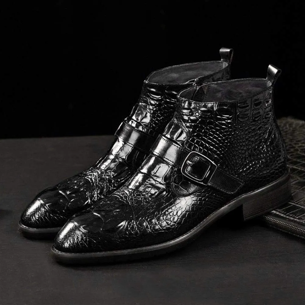 Rui Landed Ankle Boot for Men High Top Boot Slip On Style Premium Genuine Leather Monk Strap Crocodile Texture Square Toe Middle Block Heel (Color : Black, Size : 7 M US)