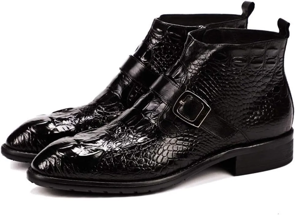 Rui Landed Ankle Boot for Men High Top Boot Slip On Style Premium Genuine Leather Monk Strap Crocodile Texture Square Toe Middle Block Heel (Color : Black, Size : 7 M US)
