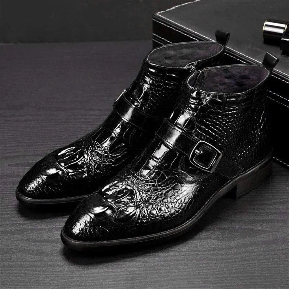Rui Landed Ankle Boot for Men High Top Boot Slip On Style Premium Genuine Leather Monk Strap Crocodile Texture Square Toe Middle Block Heel (Color : Black, Size : 7 M US)