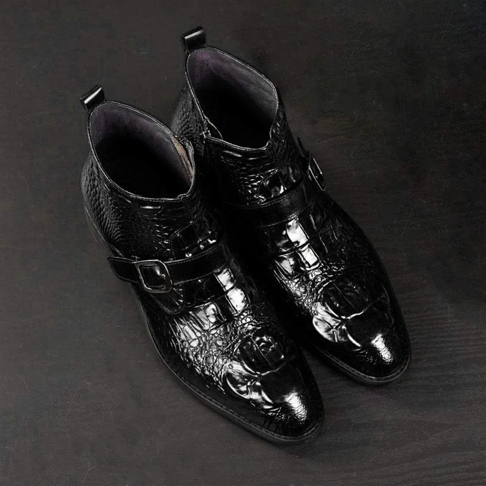 Rui Landed Ankle Boot for Men High Top Boot Slip On Style Premium Genuine Leather Monk Strap Crocodile Texture Square Toe Middle Block Heel (Color : Black, Size : 7 M US)