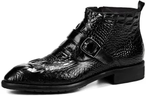 Rui Landed Ankle Boot for Men High Top Boot Slip On Style Premium Genuine Leather Monk Strap Crocodile Texture Square Toe Middle Block Heel (Color : Black, Size : 7 M US)