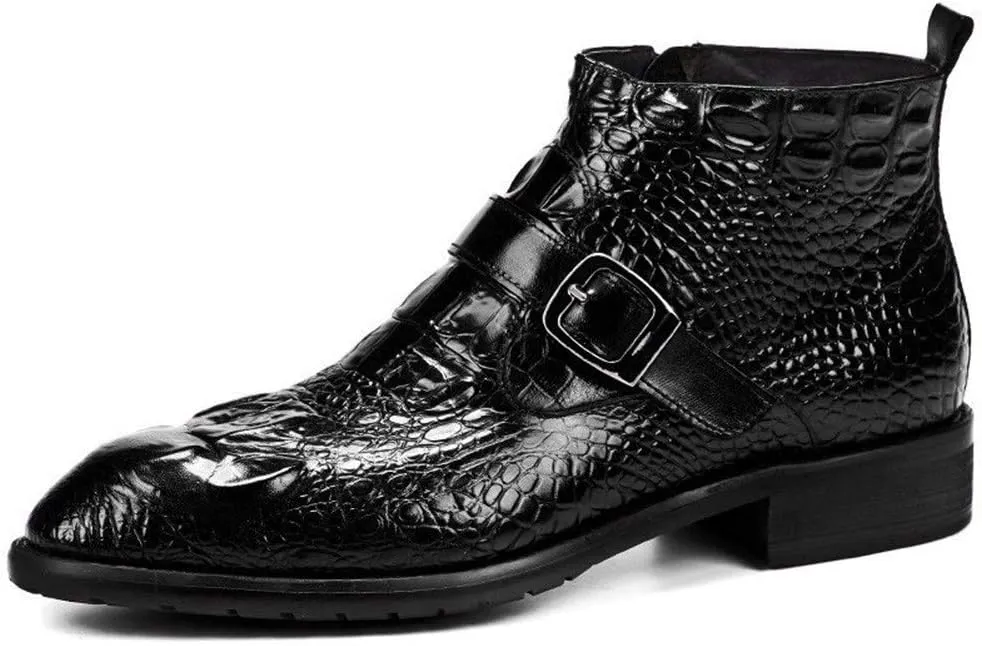 Rui Landed Ankle Boot for Men High Top Boot Slip On Style Premium Genuine Leather Monk Strap Crocodile Texture Square Toe Middle Block Heel (Color : Black, Size : 7 M US)