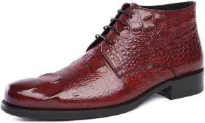 Rui Landed Combat Boot for Men Work Boot Lace Up Style Premium Genuine Leather Crocodile Texture Block Heel Pointed Toe Solid Color (Color : Red-Brown, Size : 9 M US)