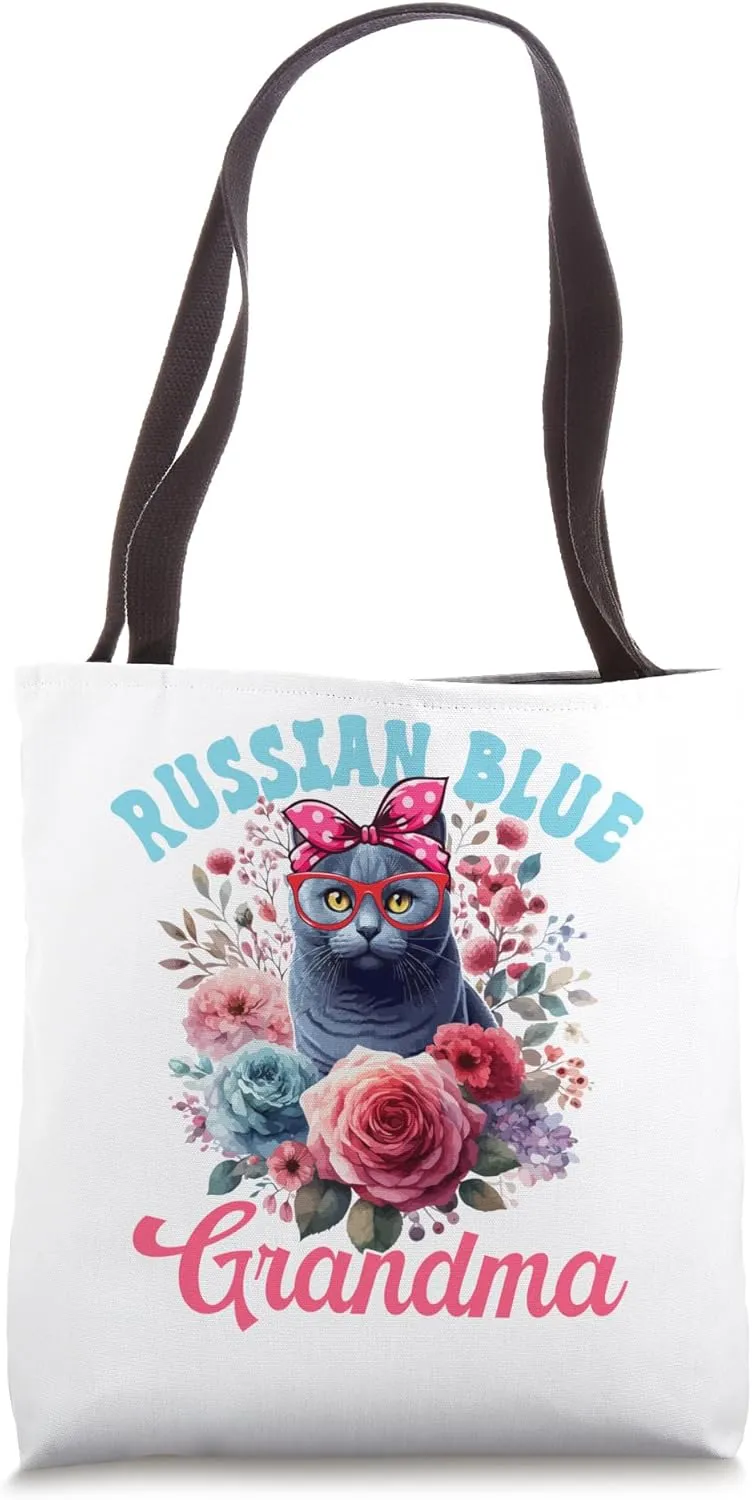 Russian Blue Grandma Mother's Day Cat Bow Tie Floral Tote Bag