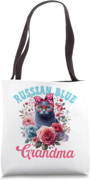 Russian Blue Grandma Mother's Day Cat Bow Tie Floral Tote Bag
