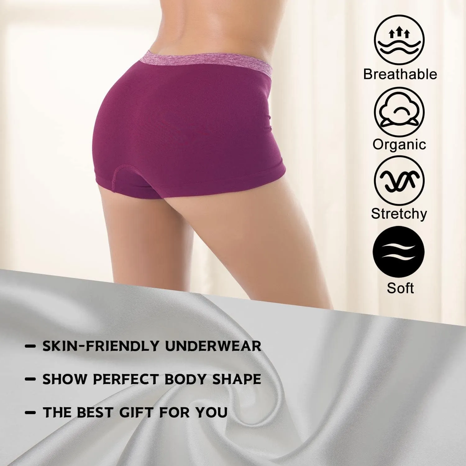 Ruxia Women's Seamless Boyshort Panties Nylon Spandex Underwear Stretch Boxer Briefs Pack of 5