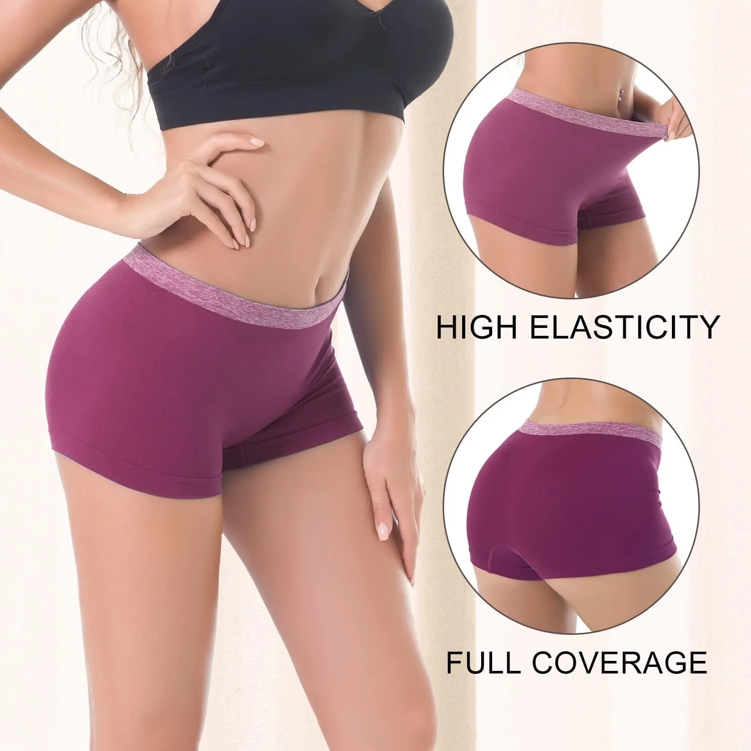Ruxia Women's Seamless Boyshort Panties Nylon Spandex Underwear Stretch Boxer Briefs Pack of 5