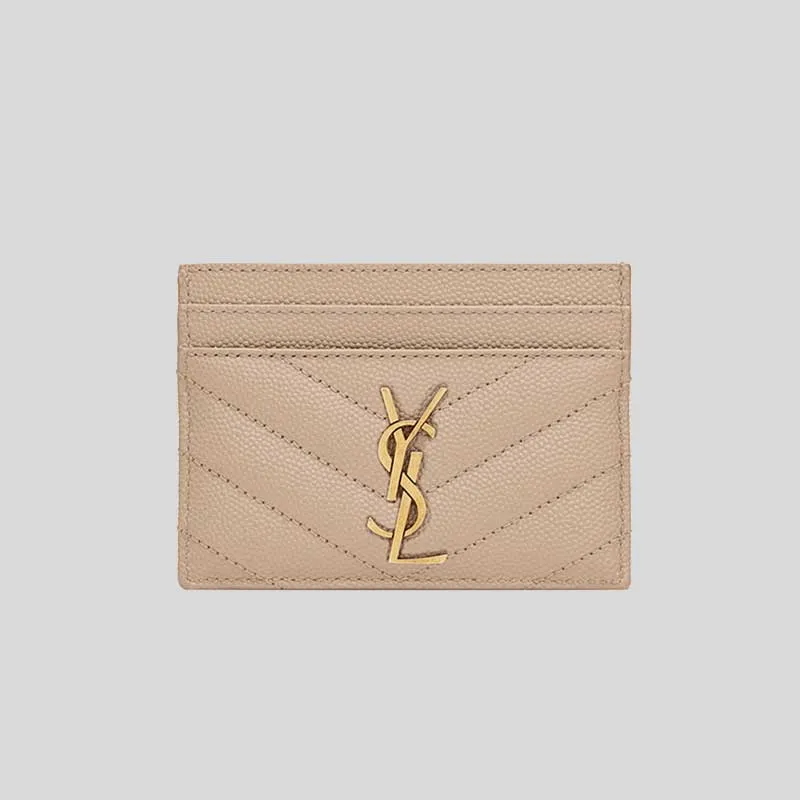 SAINT LAURENT YSL Cassandre Matelasse Card Case In Grain De Poudre Embossed Leather Dark Beige RB-423291