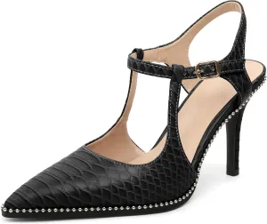 SAMMITOP Womens High Heels Ankle Strap Pointed Toe Stilettos Patent Leather Beaded Pumps Dress Shoes 3.5 Inch