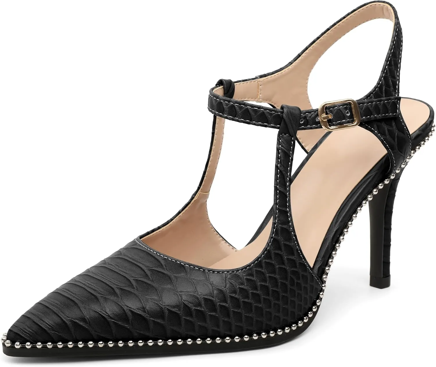 SAMMITOP Womens High Heels Ankle Strap Pointed Toe Stilettos Patent Leather Beaded Pumps Dress Shoes 3.5 Inch