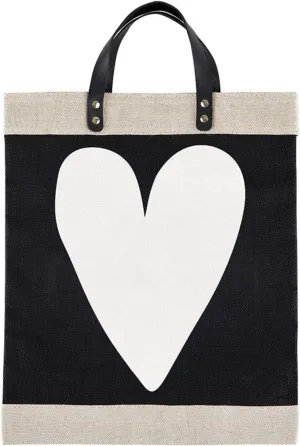 Santa Barbara Design Studio Jute Tote Bag For Women Burlap Farmer's Market Shopping Tote with Genuine Leather Handles and Waterproof Lining, 13" W x 18" H x 8" D, White Heart