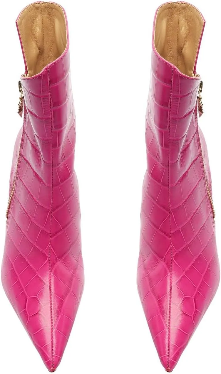 SCHUTZ Van Nude Leather Bootie Pointed Toe Crocodile Embossed Ankle Dress Boots, 7.5
