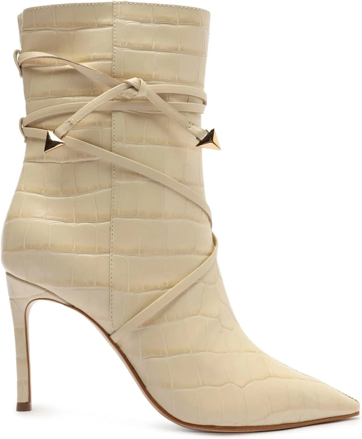 SCHUTZ Vini Nude Leather Pointed Toe Crocodile Embossed Zipper Ankle Boots