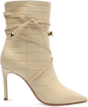 SCHUTZ Vini Nude Leather Pointed Toe Crocodile Embossed Zipper Ankle Boots