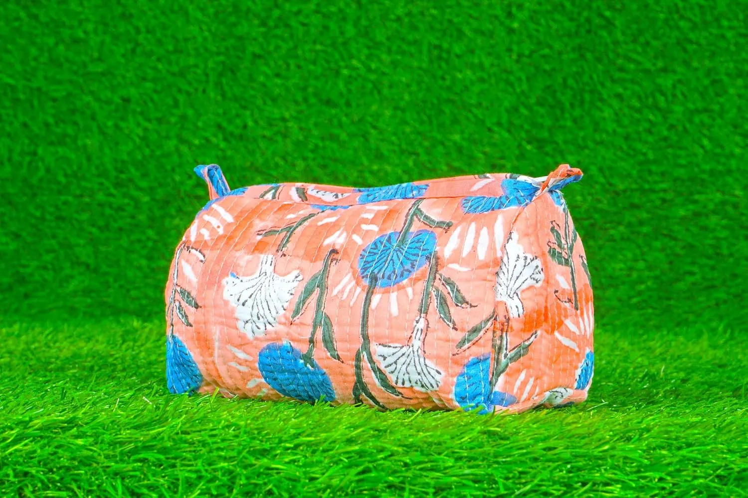Set of 3 Pieces Indian Handmade Cotton Quilted Handmade Floral Hand Block Print Toiletry Bag,Cosmetic Pouch Bag Makeup Bag For Women (Cotton, Orange A)