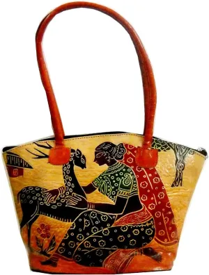Shankuntala Loving Deer Design Ethnic Hand Embossed 100% Pure Shantiniketan Leather Indian Hand Bag
