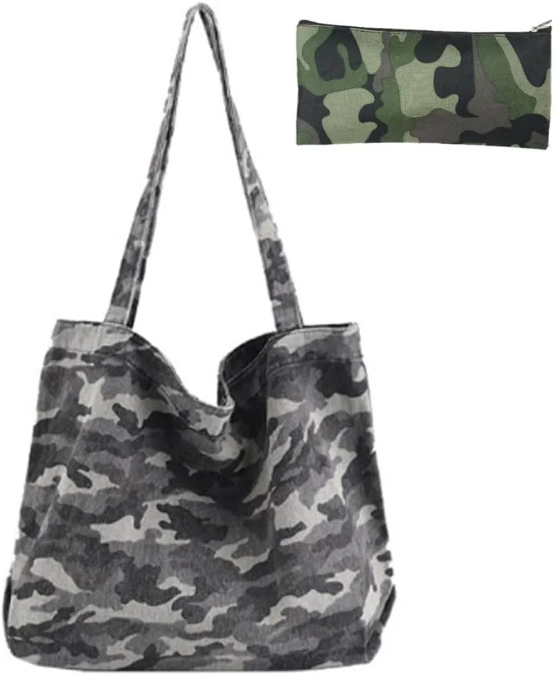 Shoulder Bag for Women Large Carry Handles Cute Camouflage Sling Tote Boho with Cosmetics Makeup Bag