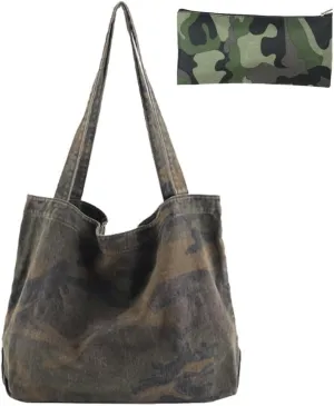 Shoulder Bag for Women Large Carry Handles Cute Camouflage Sling Tote Boho with Cosmetics Makeup Bag